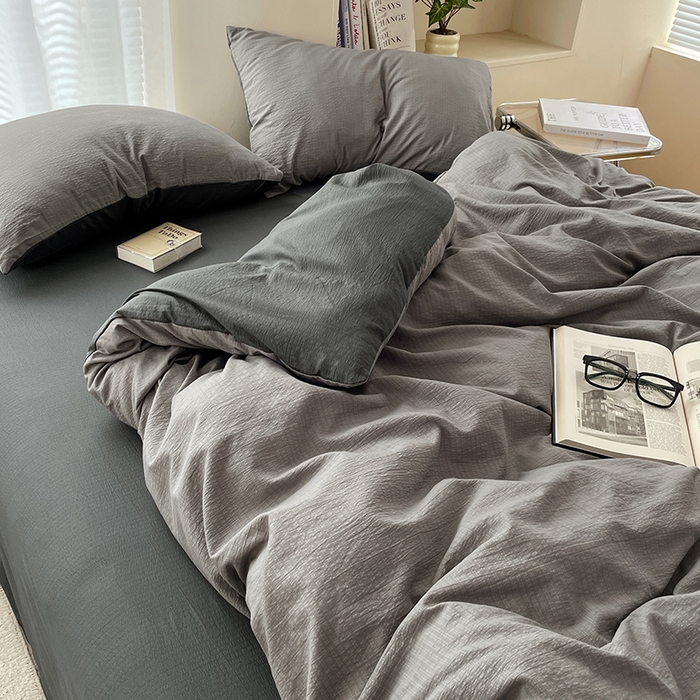 91家纺网 家纺一手货源 找家纺 彩韵家纺 2025新款超柔云感m双层纱四件套 双拼-典雅灰+情调黑