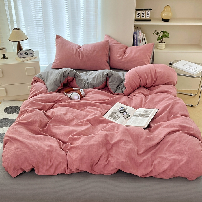 彩韵家纺 2025新款超柔云感m双层纱四件套 双拼-豆沙粉+烟雾灰