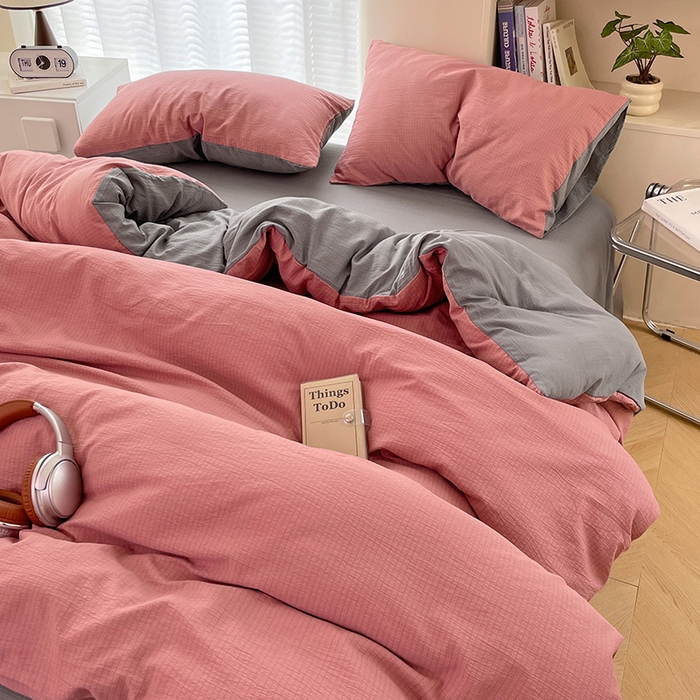 91家纺网 家纺一手货源 找家纺 彩韵家纺 2025新款超柔云感m双层纱四件套 双拼-豆沙粉+烟雾灰