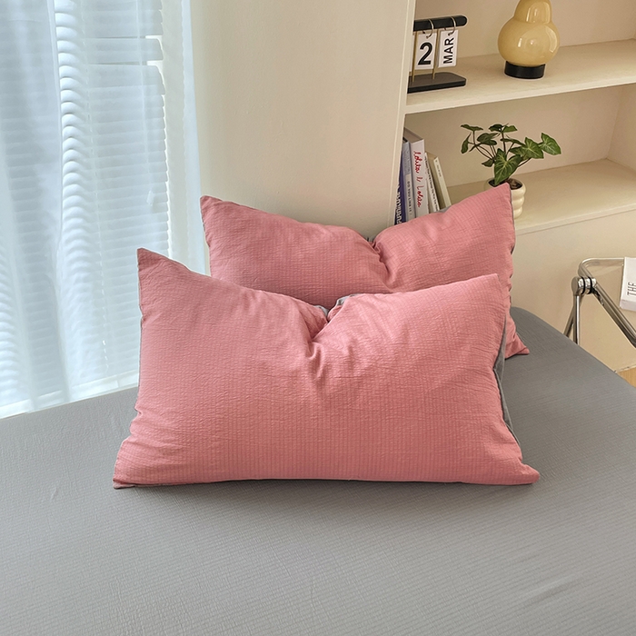 91家纺网 家纺一手货源 找家纺 彩韵家纺 2025新款超柔云感m双层纱四件套 双拼-豆沙粉+烟雾灰