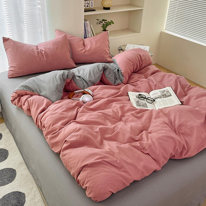 91家纺网 家纺一手货源 找家纺 彩韵家纺 2025新款超柔云感m双层纱四件套 双拼-豆沙粉+烟雾灰