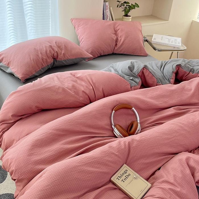 91家纺网 家纺一手货源 找家纺 彩韵家纺 2025新款超柔云感m双层纱四件套 双拼-豆沙粉+烟雾灰