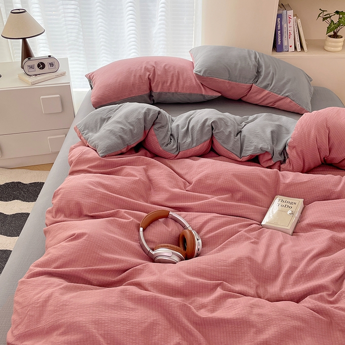 91家纺网 家纺一手货源 找家纺 彩韵家纺 2025新款超柔云感m双层纱四件套 双拼-豆沙粉+烟雾灰