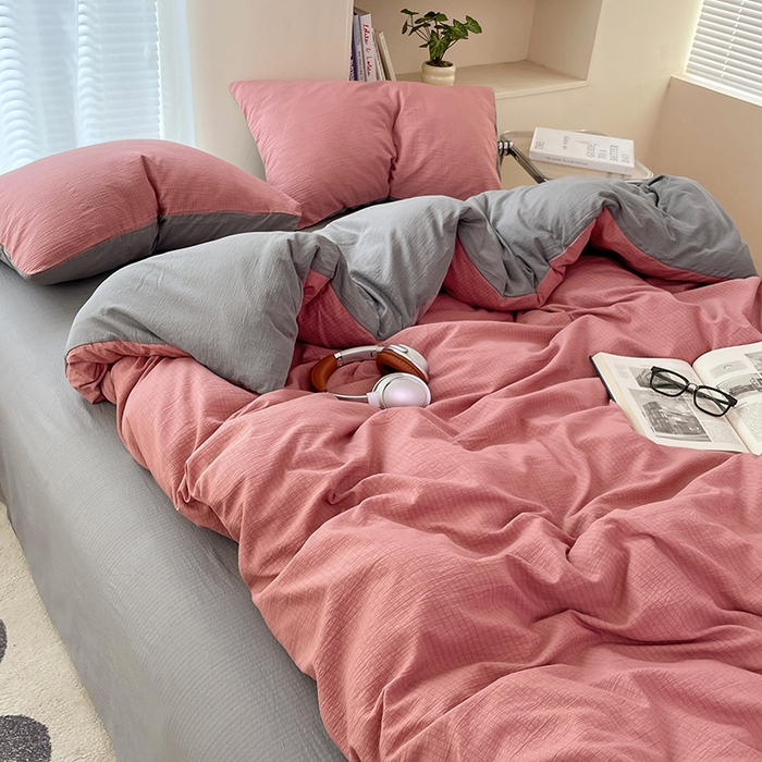 91家纺网 家纺一手货源 找家纺 彩韵家纺 2025新款超柔云感m双层纱四件套 双拼-豆沙粉+烟雾灰