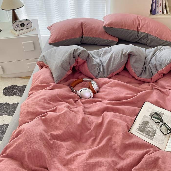 91家纺网 家纺一手货源 找家纺 彩韵家纺 2025新款超柔云感m双层纱四件套 双拼-豆沙粉+烟雾灰