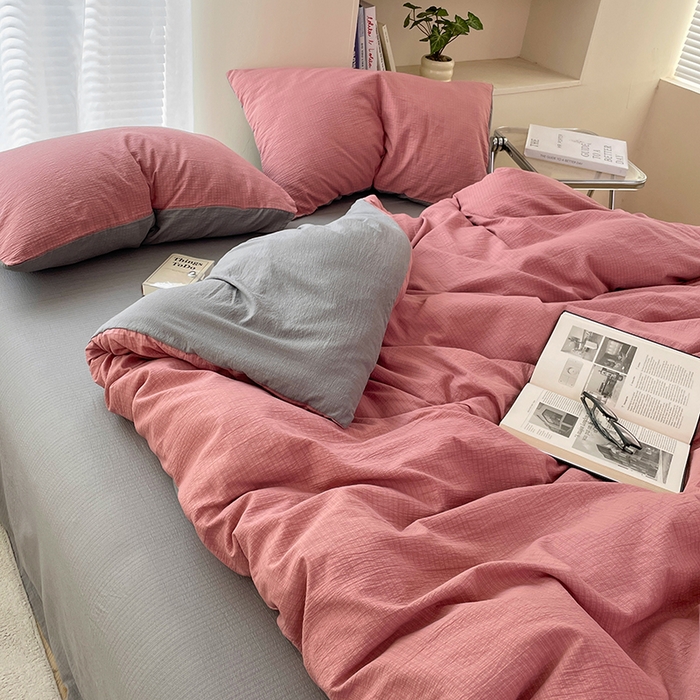 91家纺网 家纺一手货源 找家纺 彩韵家纺 2025新款超柔云感m双层纱四件套 双拼-豆沙粉+烟雾灰