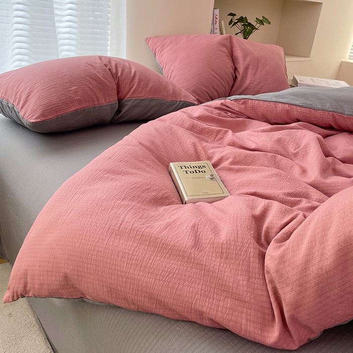 91家纺网 家纺一手货源 找家纺 彩韵家纺 2025新款超柔云感m双层纱四件套 双拼-豆沙粉+烟雾灰