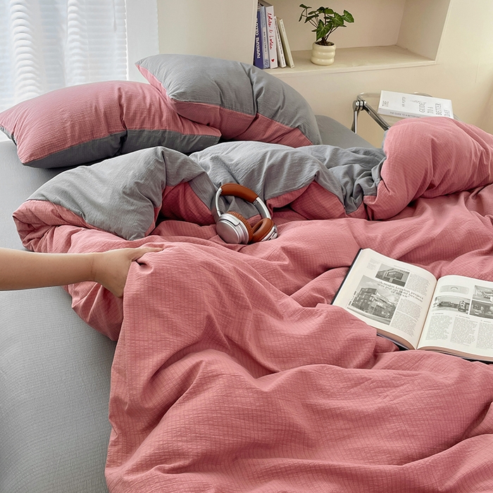 91家纺网 家纺一手货源 找家纺 彩韵家纺 2025新款超柔云感m双层纱四件套 双拼-豆沙粉+烟雾灰