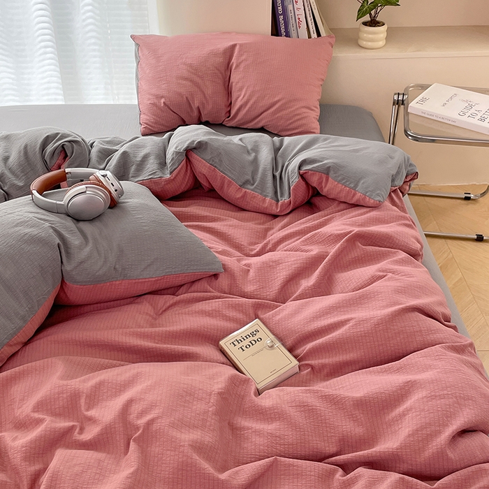 91家纺网 家纺一手货源 找家纺 彩韵家纺 2025新款超柔云感m双层纱四件套 双拼-豆沙粉+烟雾灰