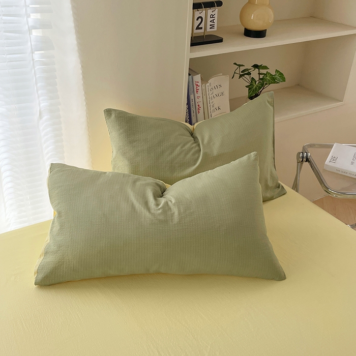 91家纺网 家纺一手货源 找家纺 彩韵家纺 2025新款超柔云感m双层纱四件套 双拼-翡翠绿+奶昔白