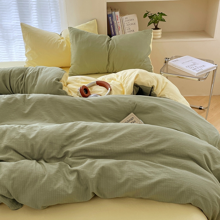 91家纺网 家纺一手货源 找家纺 彩韵家纺 2025新款超柔云感m双层纱四件套 双拼-翡翠绿+奶昔白