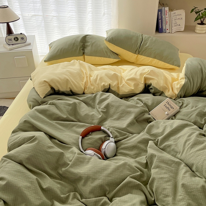 91家纺网 家纺一手货源 找家纺 彩韵家纺 2025新款超柔云感m双层纱四件套 双拼-翡翠绿+奶昔白