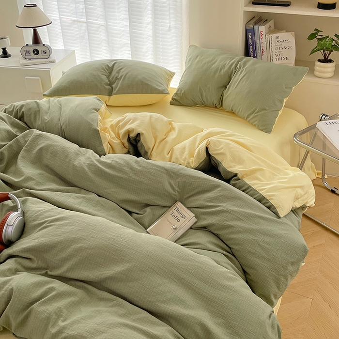 91家纺网 家纺一手货源 找家纺 彩韵家纺 2025新款超柔云感m双层纱四件套 双拼-翡翠绿+奶昔白