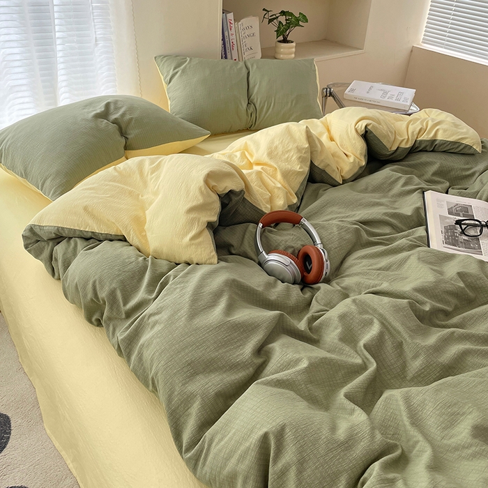 91家纺网 家纺一手货源 找家纺 彩韵家纺 2025新款超柔云感m双层纱四件套 双拼-翡翠绿+奶昔白