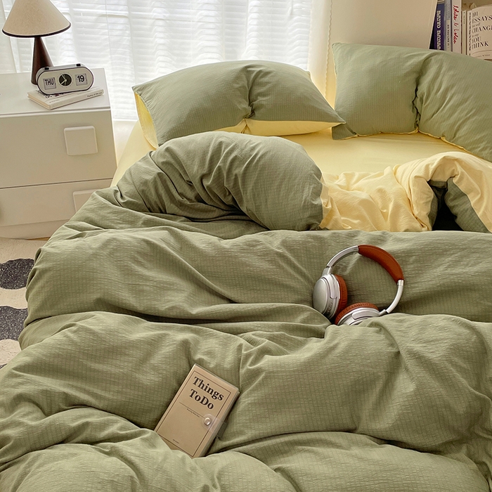 91家纺网 家纺一手货源 找家纺 彩韵家纺 2025新款超柔云感m双层纱四件套 双拼-翡翠绿+奶昔白