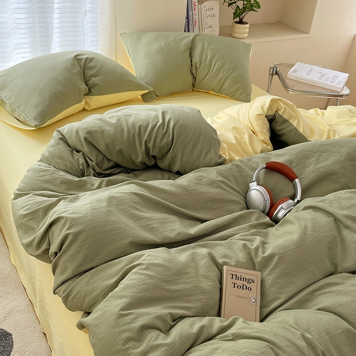 91家纺网 家纺一手货源 找家纺 彩韵家纺 2025新款超柔云感m双层纱四件套 双拼-翡翠绿+奶昔白