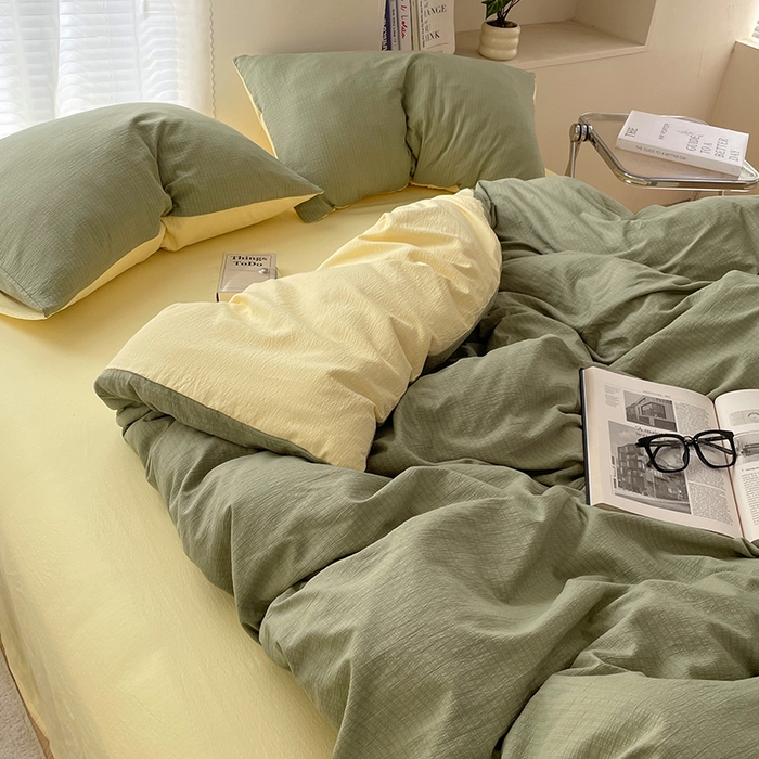 91家纺网 家纺一手货源 找家纺 彩韵家纺 2025新款超柔云感m双层纱四件套 双拼-翡翠绿+奶昔白