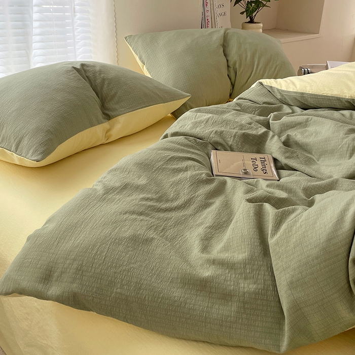 91家纺网 家纺一手货源 找家纺 彩韵家纺 2025新款超柔云感m双层纱四件套 双拼-翡翠绿+奶昔白