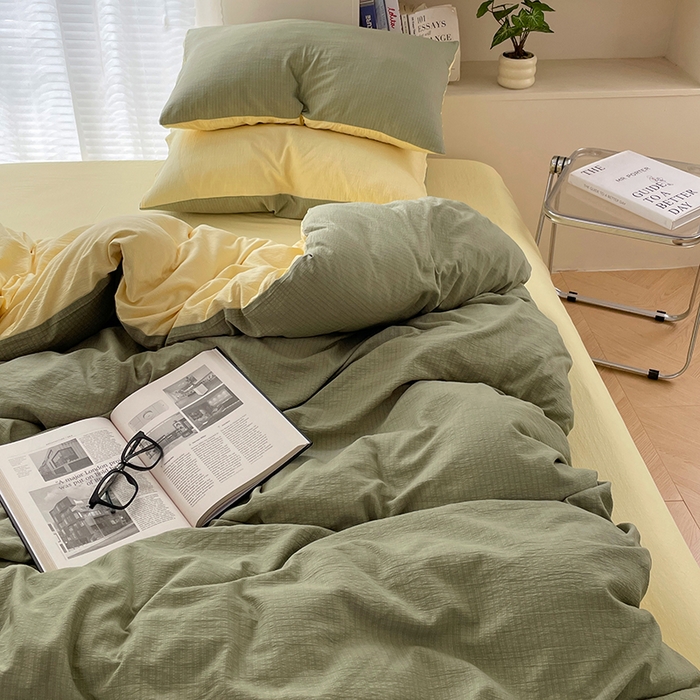 91家纺网 家纺一手货源 找家纺 彩韵家纺 2025新款超柔云感m双层纱四件套 双拼-翡翠绿+奶昔白