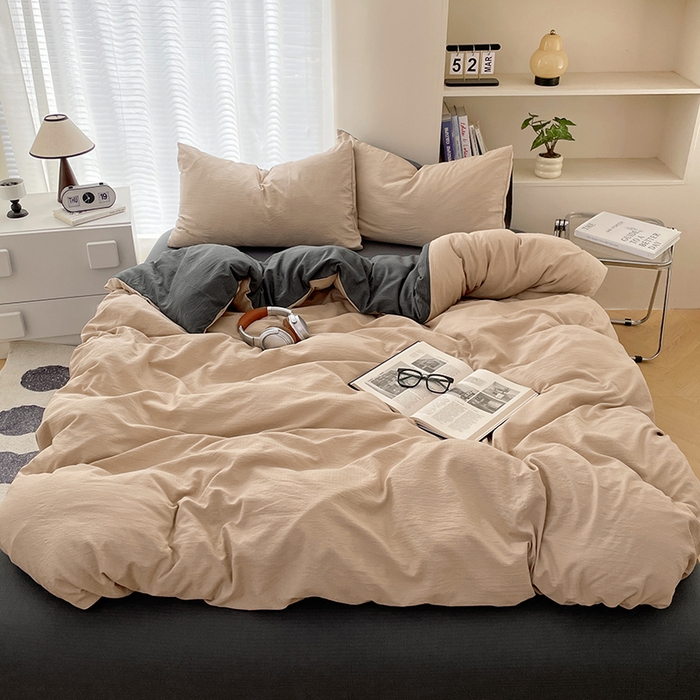 彩韵家纺 2025新款超柔云感m双层纱四件套 双拼-卡其+烟雾灰