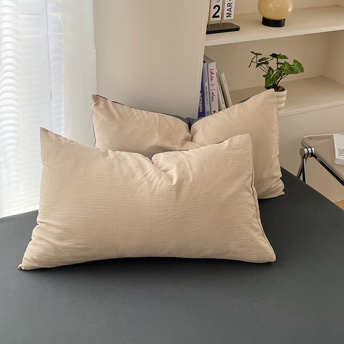 91家纺网 家纺一手货源 找家纺 彩韵家纺 2025新款超柔云感m双层纱四件套 双拼-卡其+烟雾灰