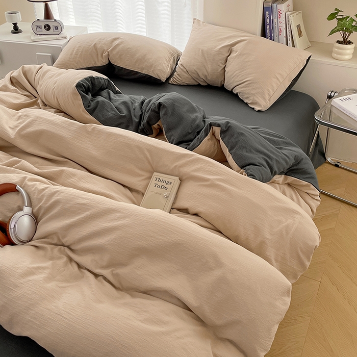 91家纺网 家纺一手货源 找家纺 彩韵家纺 2025新款超柔云感m双层纱四件套 双拼-卡其+烟雾灰