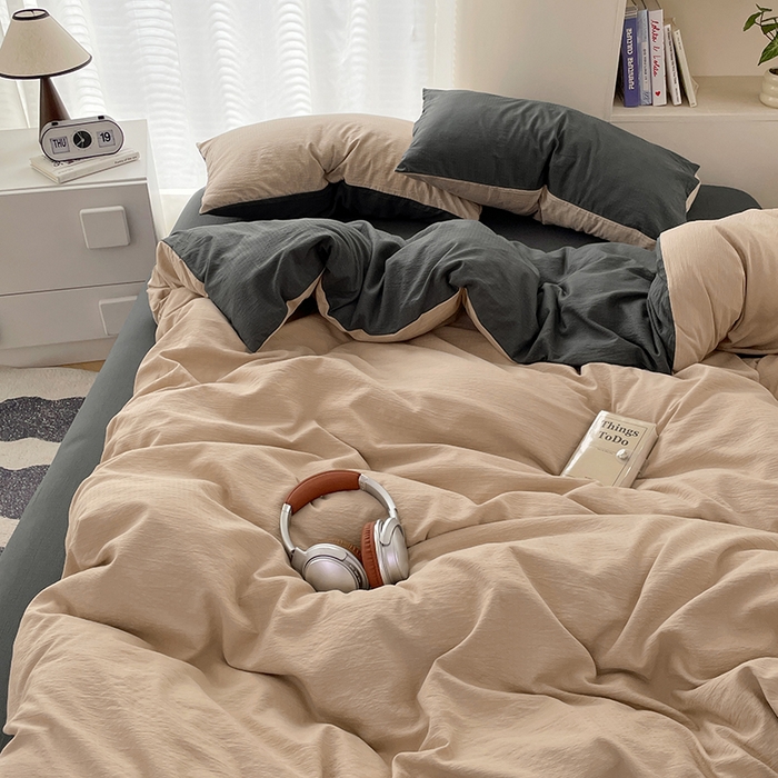 91家纺网 家纺一手货源 找家纺 彩韵家纺 2025新款超柔云感m双层纱四件套 双拼-卡其+烟雾灰