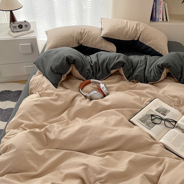 91家纺网 家纺一手货源 找家纺 彩韵家纺 2025新款超柔云感m双层纱四件套 双拼-卡其+烟雾灰