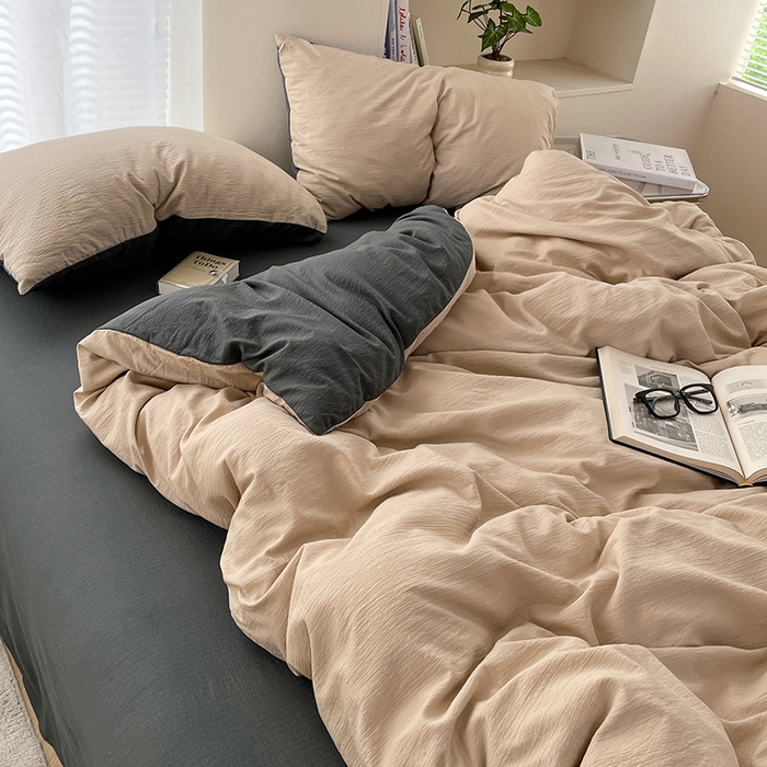 91家纺网 家纺一手货源 找家纺 彩韵家纺 2025新款超柔云感m双层纱四件套 双拼-卡其+烟雾灰