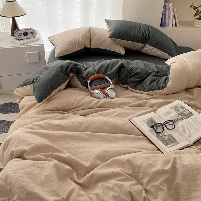 91家纺网 家纺一手货源 找家纺 彩韵家纺 2025新款超柔云感m双层纱四件套 双拼-卡其+烟雾灰