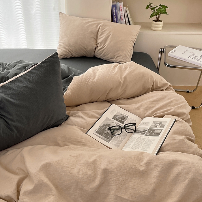 91家纺网 家纺一手货源 找家纺 彩韵家纺 2025新款超柔云感m双层纱四件套 双拼-卡其+烟雾灰