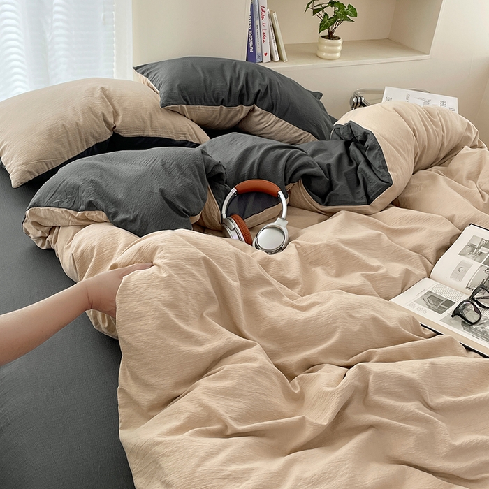 91家纺网 家纺一手货源 找家纺 彩韵家纺 2025新款超柔云感m双层纱四件套 双拼-卡其+烟雾灰