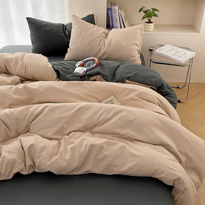 91家纺网 家纺一手货源 找家纺 彩韵家纺 2025新款超柔云感m双层纱四件套 双拼-卡其+烟雾灰