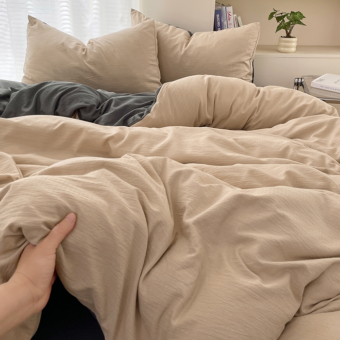 91家纺网 家纺一手货源 找家纺 彩韵家纺 2025新款超柔云感m双层纱四件套 双拼-卡其+烟雾灰