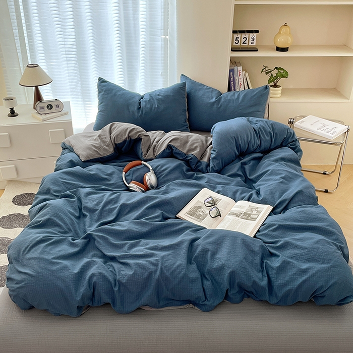 彩韵家纺 2025新款超柔云感m双层纱四件套 双拼-莱茵蓝+冰川灰