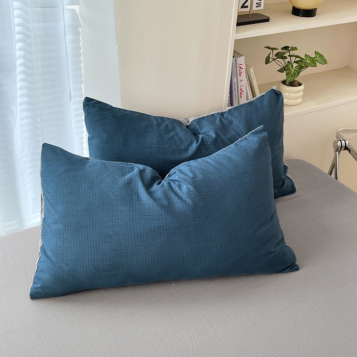 91家纺网 家纺一手货源 找家纺 彩韵家纺 2025新款超柔云感m双层纱四件套 双拼-莱茵蓝+冰川灰