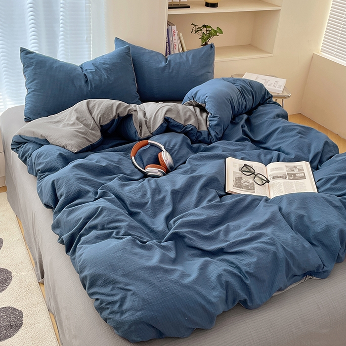 91家纺网 家纺一手货源 找家纺 彩韵家纺 2025新款超柔云感m双层纱四件套 双拼-莱茵蓝+冰川灰