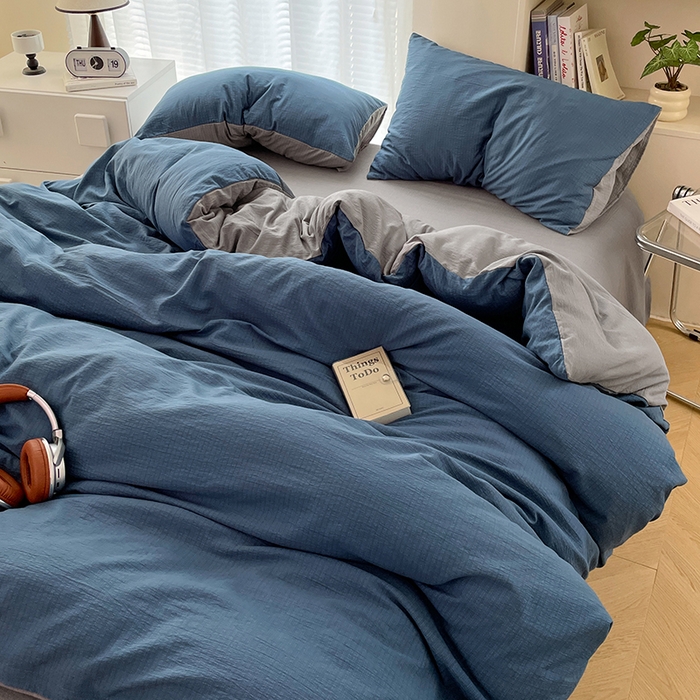 91家纺网 家纺一手货源 找家纺 彩韵家纺 2025新款超柔云感m双层纱四件套 双拼-莱茵蓝+冰川灰