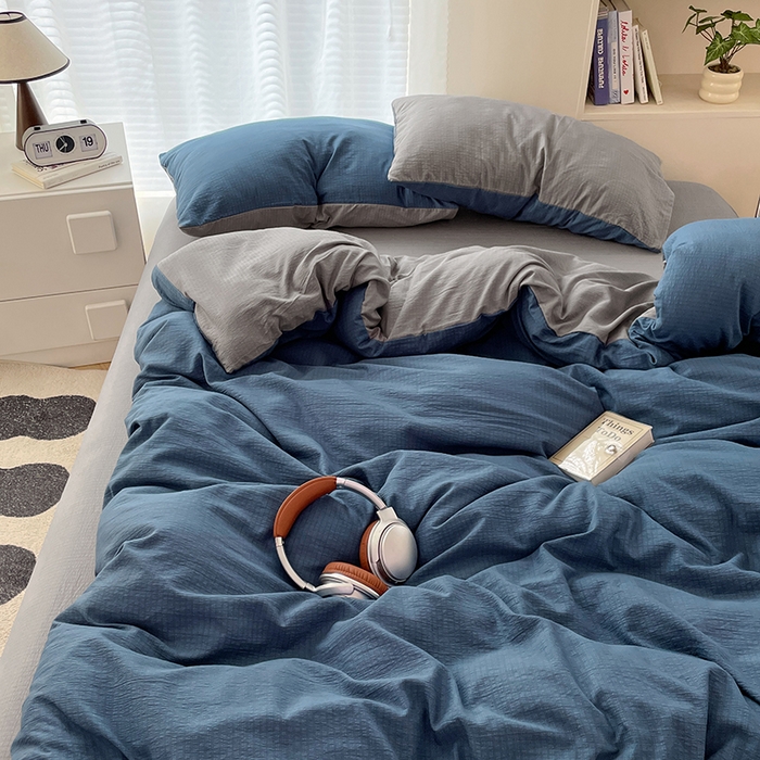 91家纺网 家纺一手货源 找家纺 彩韵家纺 2025新款超柔云感m双层纱四件套 双拼-莱茵蓝+冰川灰