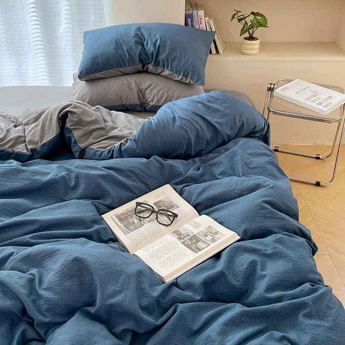 91家纺网 家纺一手货源 找家纺 彩韵家纺 2025新款超柔云感m双层纱四件套 双拼-莱茵蓝+冰川灰