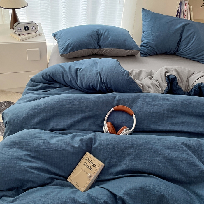 91家纺网 家纺一手货源 找家纺 彩韵家纺 2025新款超柔云感m双层纱四件套 双拼-莱茵蓝+冰川灰