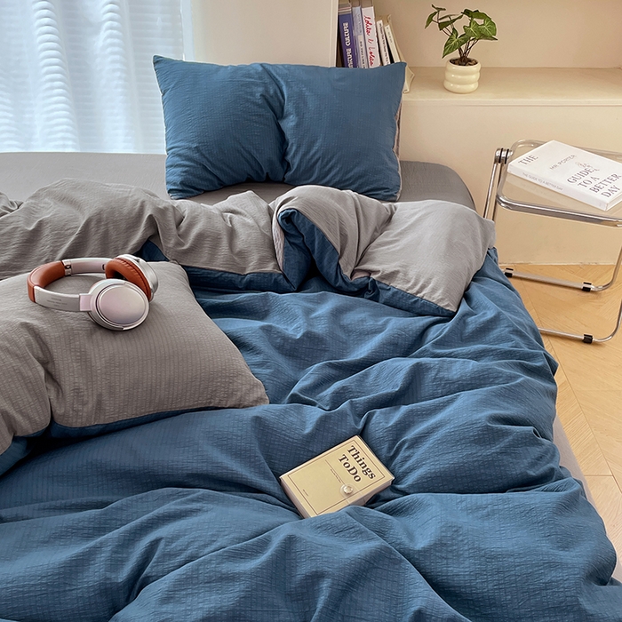 91家纺网 家纺一手货源 找家纺 彩韵家纺 2025新款超柔云感m双层纱四件套 双拼-莱茵蓝+冰川灰