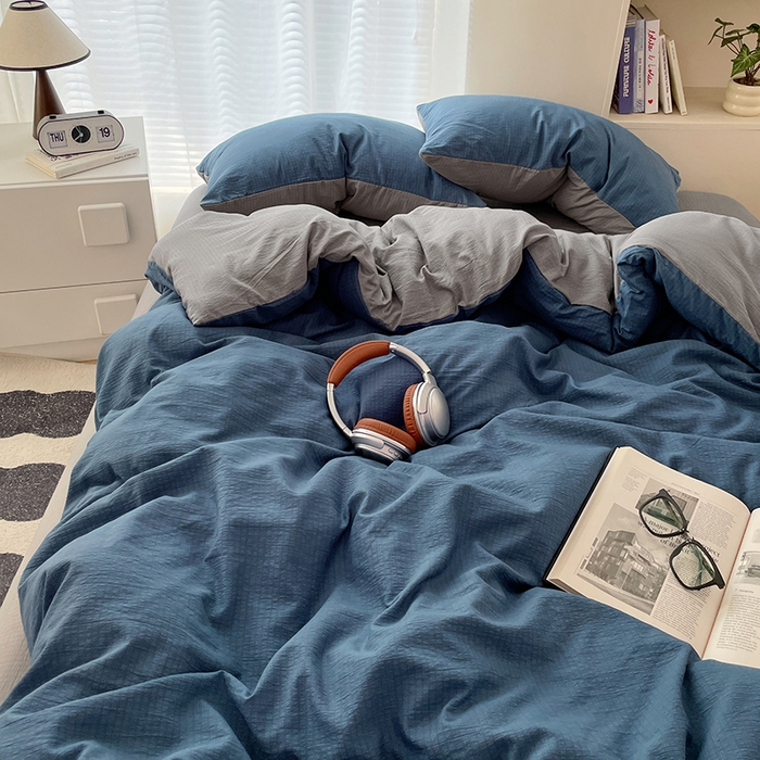 91家纺网 家纺一手货源 找家纺 彩韵家纺 2025新款超柔云感m双层纱四件套 双拼-莱茵蓝+冰川灰