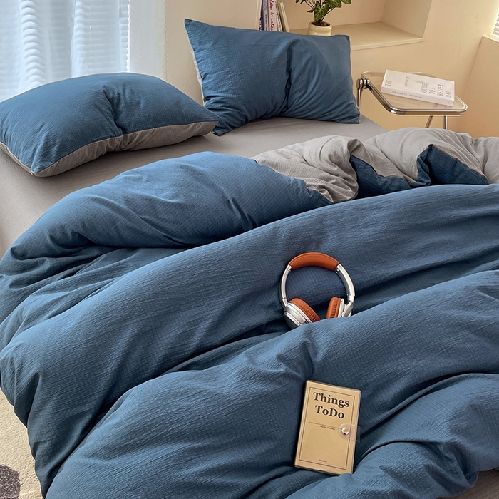 91家纺网 家纺一手货源 找家纺 彩韵家纺 2025新款超柔云感m双层纱四件套 双拼-莱茵蓝+冰川灰