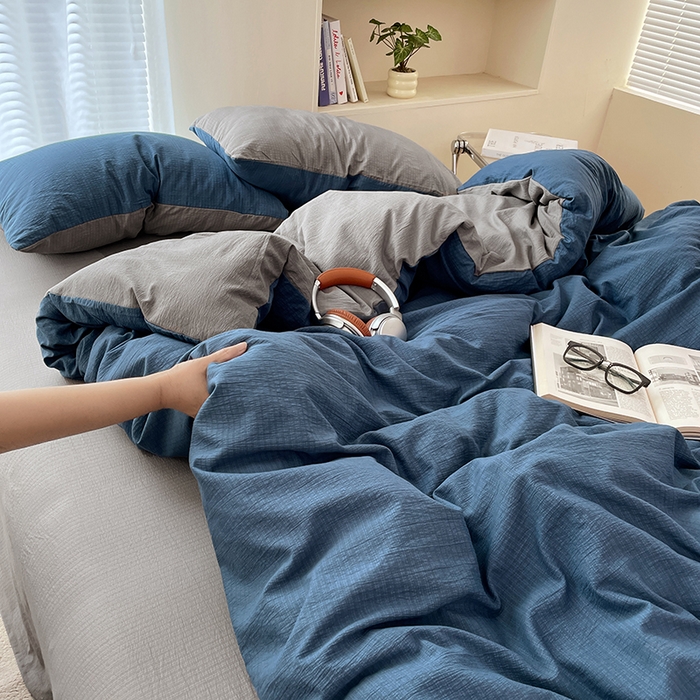 91家纺网 家纺一手货源 找家纺 彩韵家纺 2025新款超柔云感m双层纱四件套 双拼-莱茵蓝+冰川灰