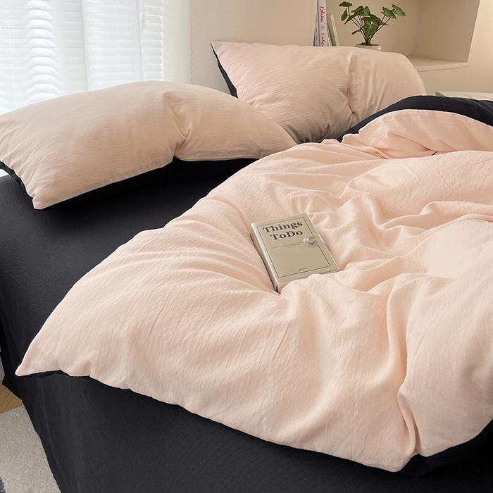 91家纺网 家纺一手货源 找家纺 彩韵家纺 2025新款超柔云感m双层纱四件套 双拼-蜜豆粉+曜石黑