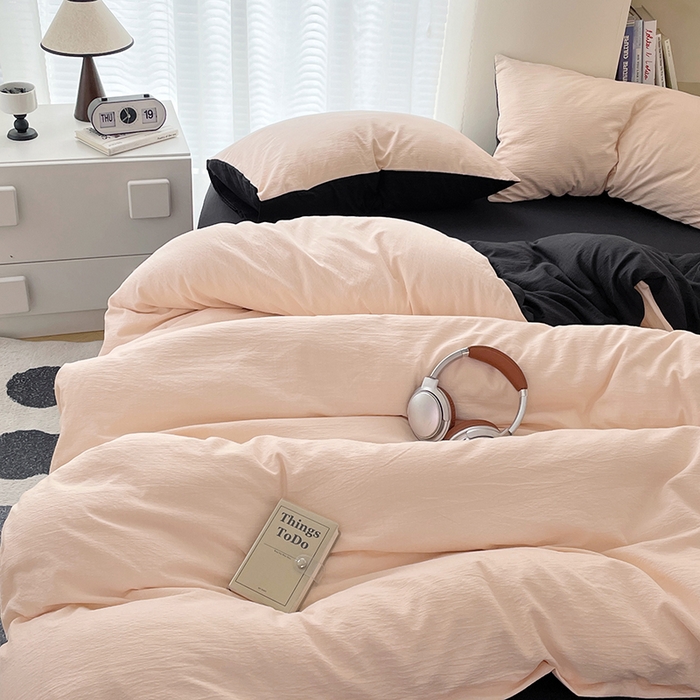 91家纺网 家纺一手货源 找家纺 彩韵家纺 2025新款超柔云感m双层纱四件套 双拼-蜜豆粉+曜石黑