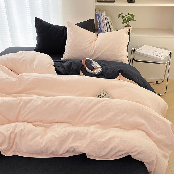 91家纺网 家纺一手货源 找家纺 彩韵家纺 2025新款超柔云感m双层纱四件套 双拼-蜜豆粉+曜石黑