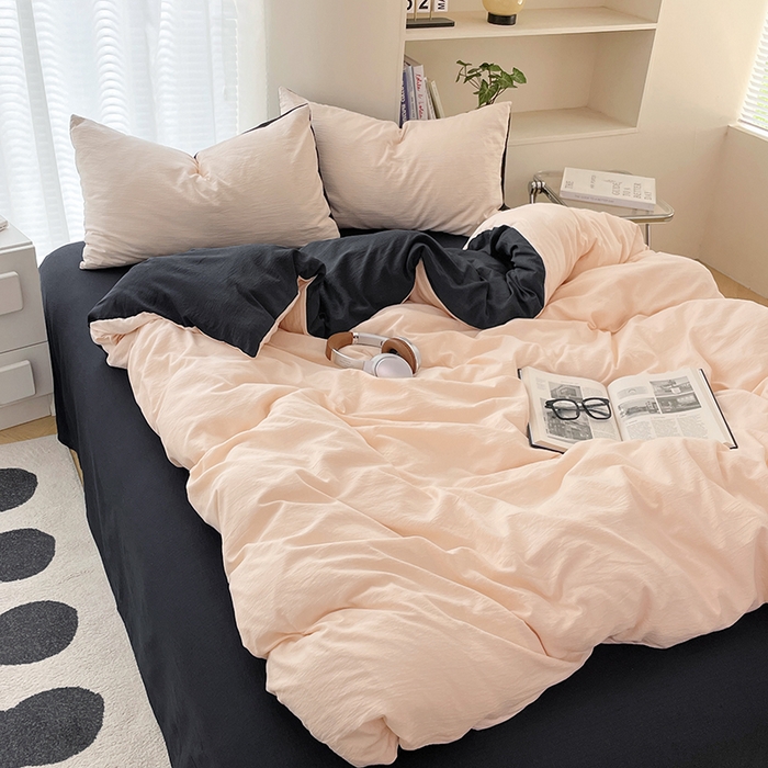 91家纺网 家纺一手货源 找家纺 彩韵家纺 2025新款超柔云感m双层纱四件套 双拼-蜜豆粉+曜石黑