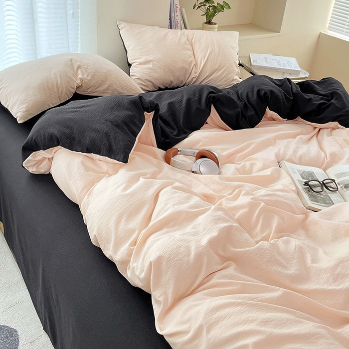 91家纺网 家纺一手货源 找家纺 彩韵家纺 2025新款超柔云感m双层纱四件套 双拼-蜜豆粉+曜石黑